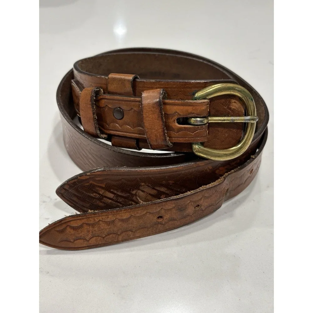 Eddie Bauer Western Belt Made in USA Saddle Leather‎ #3833 Brass Buckle Size 36